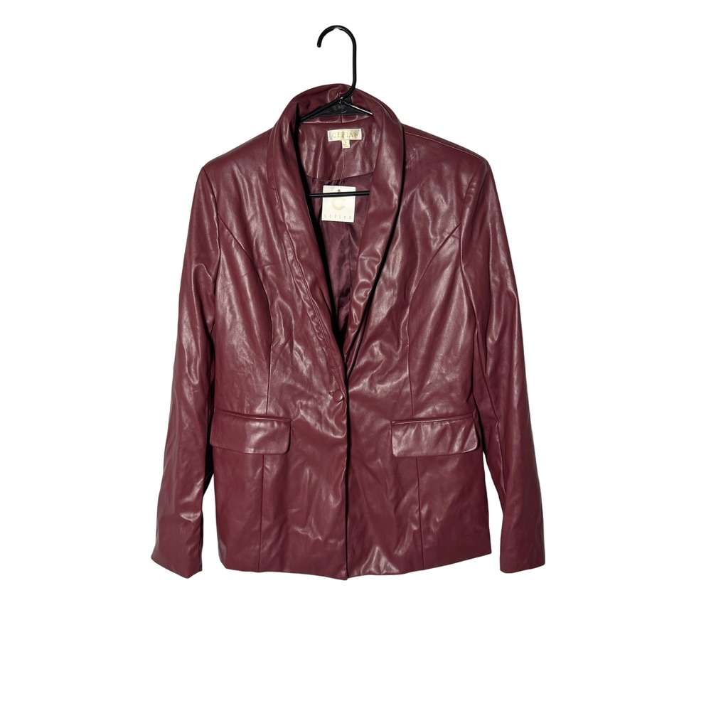 Cefian Burgundy Faux Leather Blazer and Belted Shorts 2 Piece Set Wine Red L